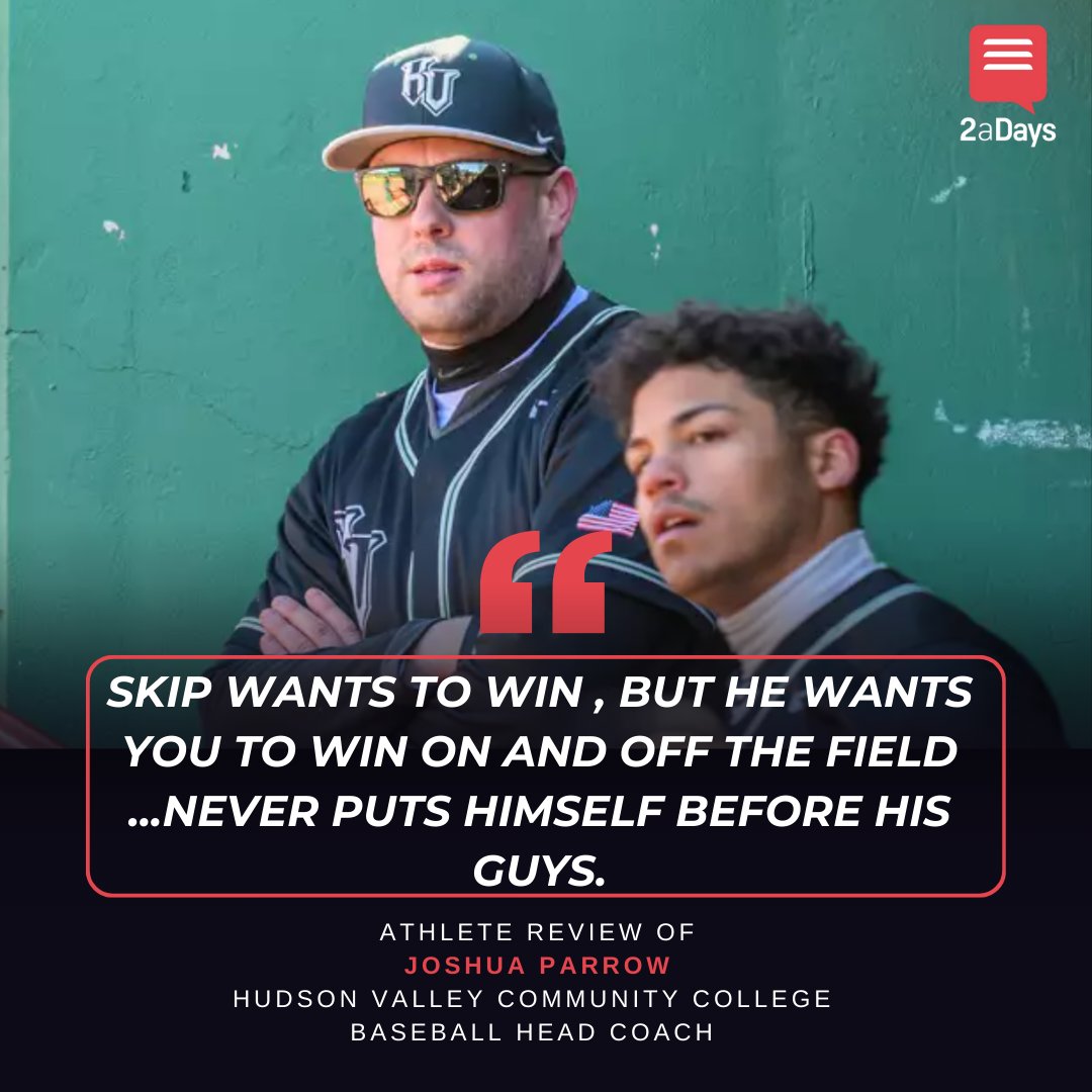Joshua Parrow, head coach of <a href="/HVCCBaseball/">HVCCBaseball</a>, received his first #2aDays reviews this spring. The athlete reviewers note that he puts his players first and that he's the best #baseball coach for junior college players in the country. Read his reviews: bit.ly/3ElB1o8 #juco