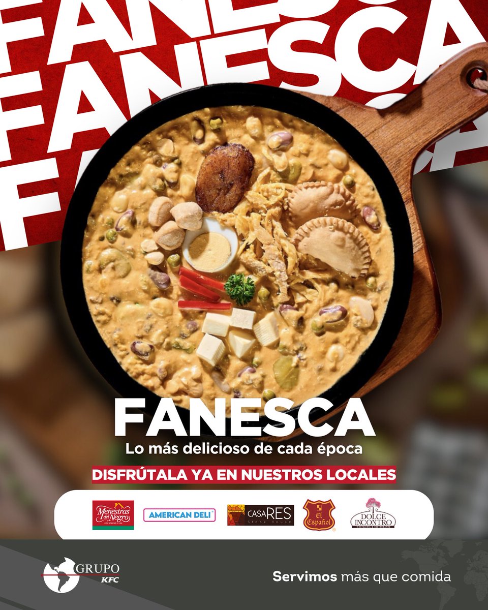 GrupoKfcEcuador's tweet photo. Cada fanesca tiene su sazón, y en Grupo KFC la servimos con el cariño de siempre. 🍲✨

Ven a visitarnos y disfruta de una receta que honra la tradición, con ingredientes frescos y ese sabor que une.

@MenestrasNegro, #AmericanDeli, @dolceincontro1, #CasaRes y #ElEspañolGourmet te esperan con la mejor fanesca. 😍

En Grupo KFC, seguimos trabajando para servir más que comida.

#Fanesca2025 #TradiciónEcuatoriana #GrupoKFC #ServimosMásQueComida #SemanaSanta #SaborQueUne #Feriado #Ecuador
