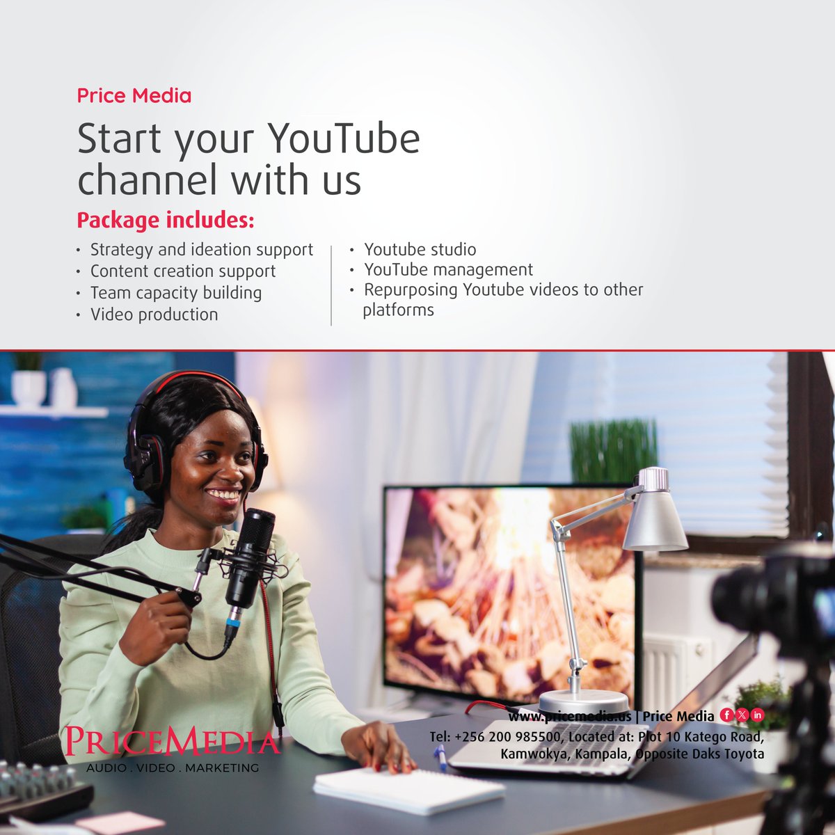 With a well-optimized YouTube channel, your business can reach more customers, showcase your products and build lasting brand loyalty.

Unsure on how to start? Get in touch with us anytime for a free consultation.

Visit us: Plot 10 Katego road, Kamwokya, Kampala

#Studio4rent