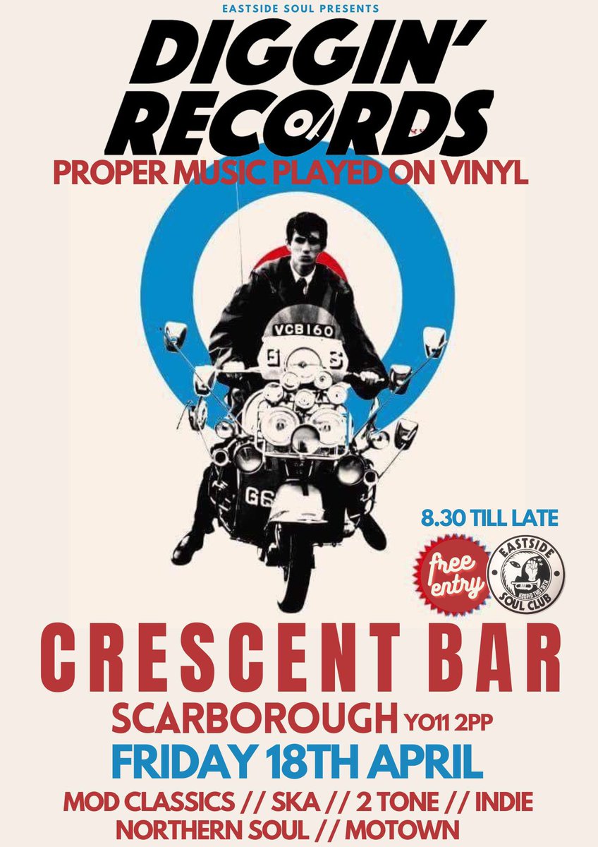 eastsidesoul's tweet photo. Kick your Easter weekend off with us on Friday 18th at The Crescent Lounge Scarborough, get yourself down early as the last one was packed. Free entry.
Catch you there. #ska #soul #2toneska #northernsoul #motown #indiemusic #mod #scooter #vinylrecords https://t.co/gGyMToEPjI