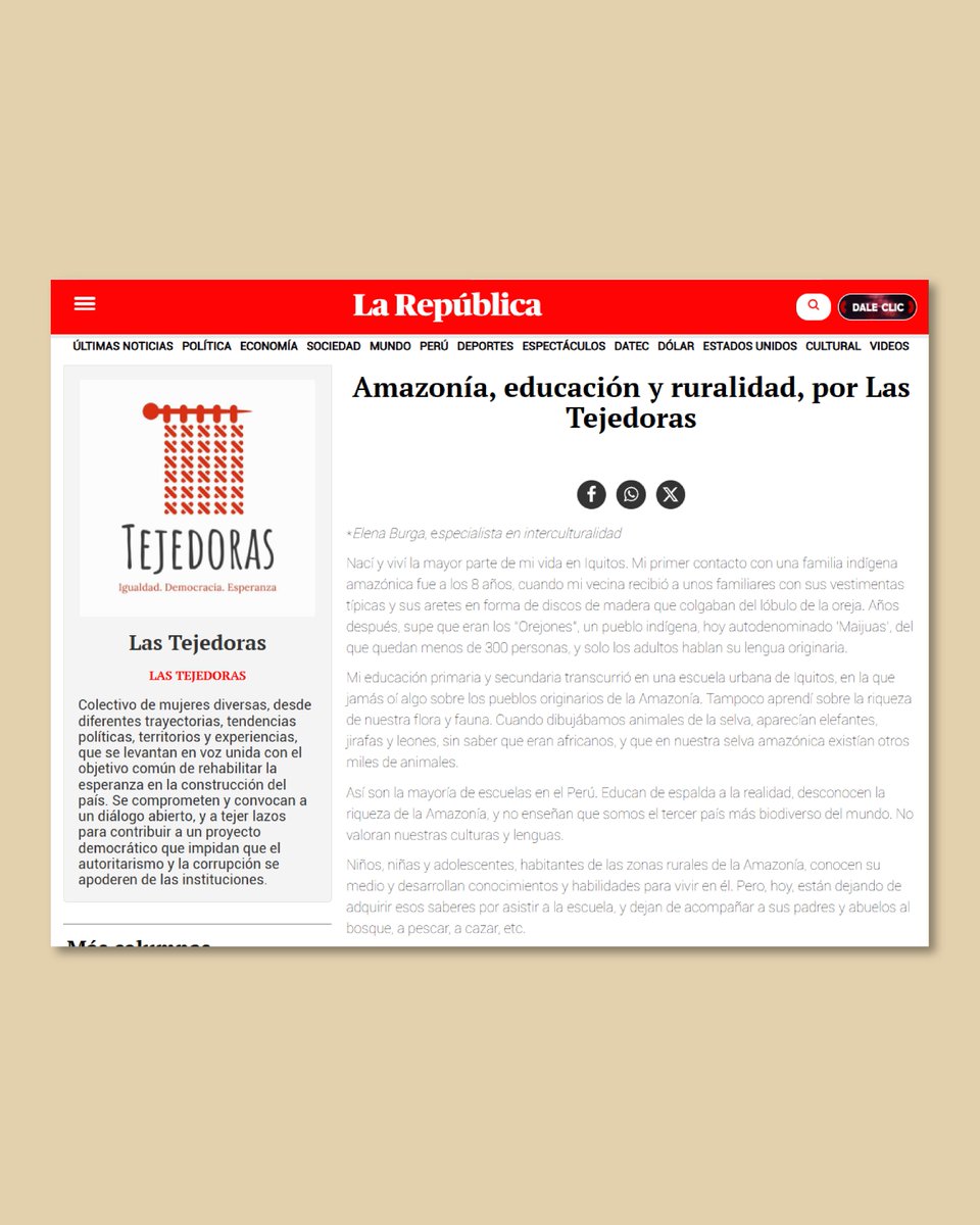 Lastejedoras_pe's tweet photo. 🌿¿Educarnos para olvidar quiénes somos? Persistamos en lograr una educación que valore nuestro bosque amazónico, su gente y su sabiduría. 
#Amazonía #EducaciónIntercultural

@eleburga escribe para @Lastejedoras_pe en @larepublica_pe 

👉 https://t.co/AfQ1hqQl0i https://t.co/vOE6smVaoI