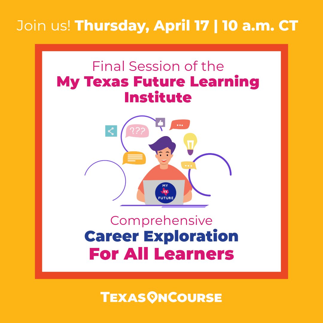 We hope you'll join us as we discuss how My Texas Future helps all learners begin making decisions about their career preferences using the Career Quiz and the Career Explorer as early as 7th grade!🙌 Don't miss out - register now using this link: hubs.la/Q03hF3Tw0