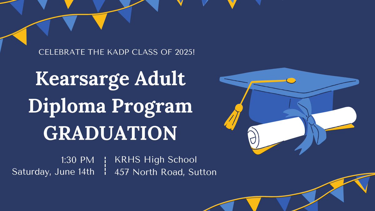 kearsarge65's tweet photo. Congratulations to the Kearsarge Class of 2025! 💛💙
Save the Date: KRHS Class of 2025 Graduation is Saturday, June 14th at 11AM 
The Kearsarge Adult Diploma Program (KADP) Graduation will be Saturday, June 14th at 1:30pm
Both on the football field rain or shine! https://t.co/fNfBq0txYU