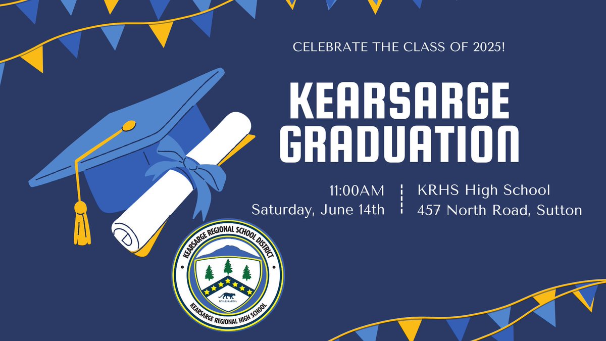 kearsarge65's tweet photo. Congratulations to the Kearsarge Class of 2025! 💛💙
Save the Date: KRHS Class of 2025 Graduation is Saturday, June 14th at 11AM 
The Kearsarge Adult Diploma Program (KADP) Graduation will be Saturday, June 14th at 1:30pm
Both on the football field rain or shine! https://t.co/fNfBq0txYU