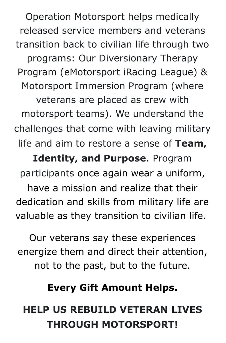 #Motorsport community friends - please join me in supporting <a href="/opsmotorsport/">Operation Motorsport</a> in this first 2025 fundraiser. 

event.auctria.com/b4713ff6-32ab-…