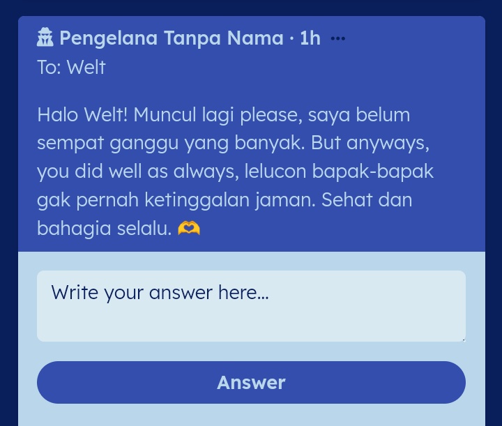 LagaAGLAEA's tweet photo. ㅤ
Pesan berikut tertuju kepada Tuan Welt yang diminta agar muncul lebih sering, Tuan Void yang setara dengan kotak Gojo Satoru, dan Kiana-chan yang penuh dengan inisiatif.
ㅤ https://t.co/CsQdqsq8FT