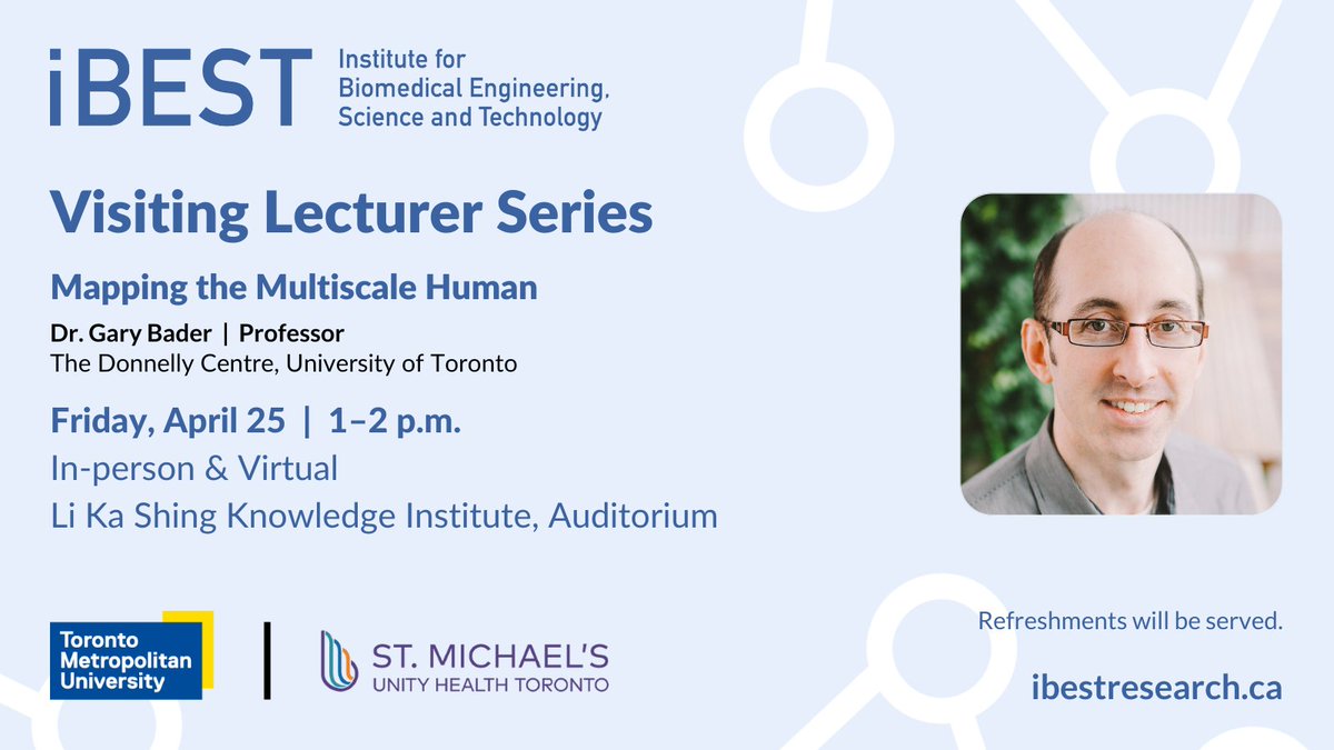 iBEST (@ibestresearch) on Twitter photo Dr. <a href="/DarrenYuen1/">Darren Yuen</a> is hosting Dr. <a href="/garybader1/">Gary Bader</a> at the iBEST Visiting Lecture Series on Friday, April 25 at 1 p.m. Join us to learn about generative models and mapping the multiscale human.
For more information visit: lnkd.in/eGBmr8R3 Dr. <a href="/DarrenYuen1/">Darren Yuen</a> is hosting Dr. <a href="/garybader1/">Gary Bader</a> at the iBEST Visiting Lecture Series on Friday, April 25 at 1 p.m. Join us to learn about generative models and mapping the multiscale human.
For more information visit: lnkd.in/eGBmr8R3