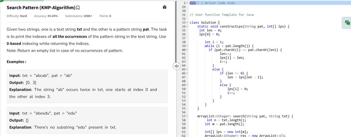 PeramBrahma13's tweet photo. 📅 Day 18 of @geeksforgeeks 160
⚡ Search Pattern (KMP Algorithm)
✔️ Preprocess pattern to build LPS array, skip unnecessary comparisons
⏳ TC: O(N + M) | 🛑 SC: O(M)
#gfg160 #geekstreak2025 #DSA #kmp #stringmatching #codingchallenge https://t.co/zYGfuBuqKr