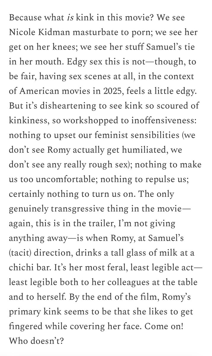 I wrote about Babygirl’s disappointingly milquetoast approach to kink. Though actually the milk was the best part. Link to full essay in profile.