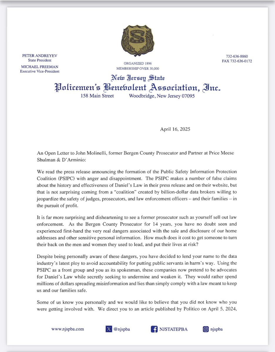 NJSPBA's tweet image. NJ State PBA President Peter Andreyev today criticized efforts to repeal legal protections that safeguard police, prosecutors and judges. Just yesterday, U.S. District Court Judge Esther Salas spoke out against the heinous psychological warfare being launched against judges.