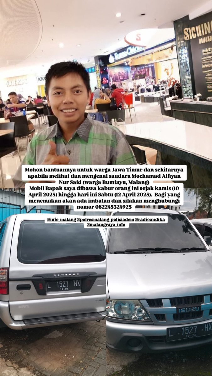 ermawanshipit's tweet photo. Mohon bantuannya u/ warga Jwa Timur dan sktarnya melihat/mengenal Mochamad Alfiyan Nur Said warga Bumiayu, Mlg
Mobil Bapak saya dibwa kabur sejak kamis (10 April 2025) hingga hri ini Bagi yang menemukan ada imbalan silakan menghubungi nomor 082245324925 @infomalang @yusufgunawan https://t.co/ExFt6mvP6D