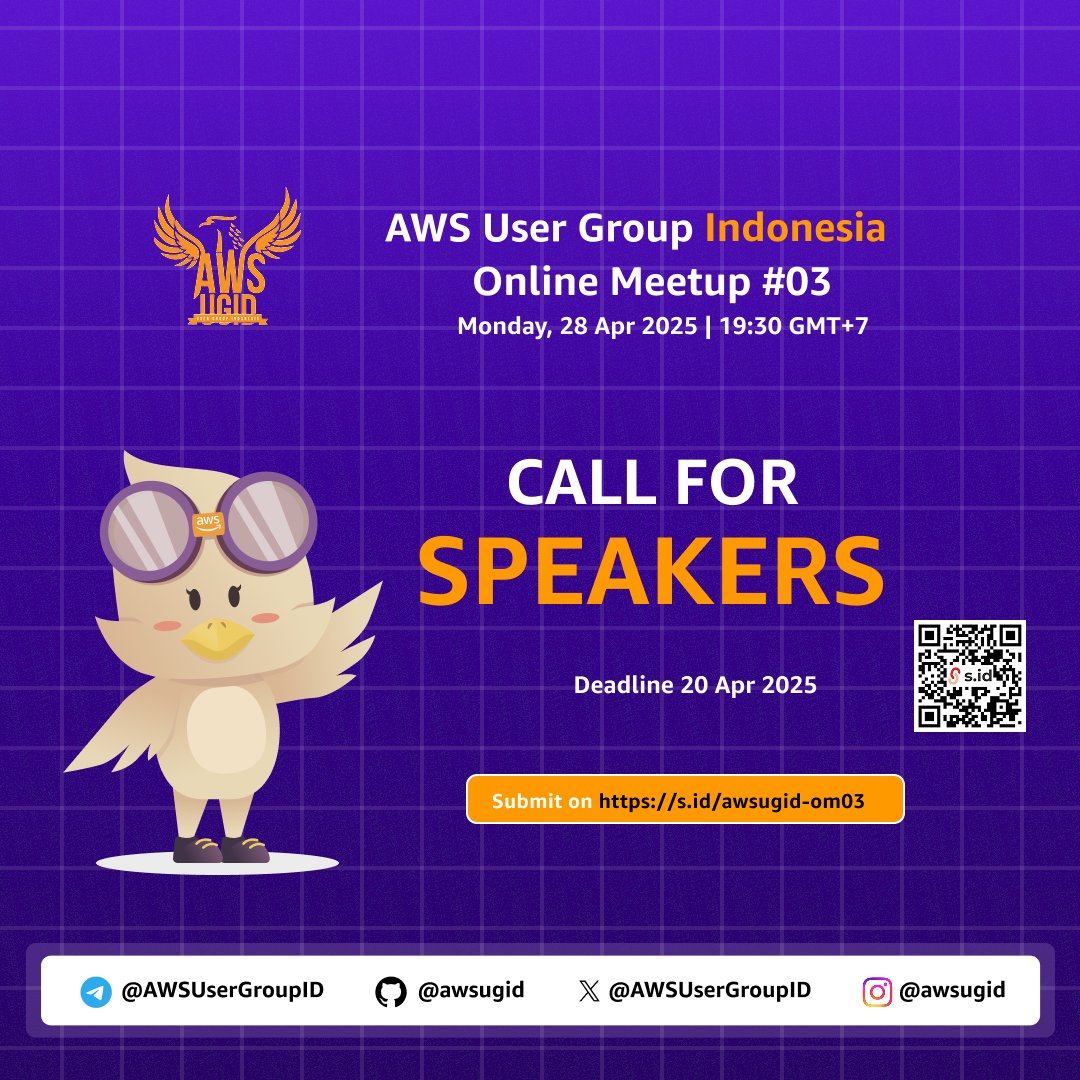 AWSUserGroupID's tweet photo. Calling AWS enthusiasts! 🚀

AWS User Group Indonesia akan mengadakan Online Meetup #03 dan mencari pembicara untuk berbagi wawasan tentang teknologi AWS. https://t.co/Q8kNt3KCiZ