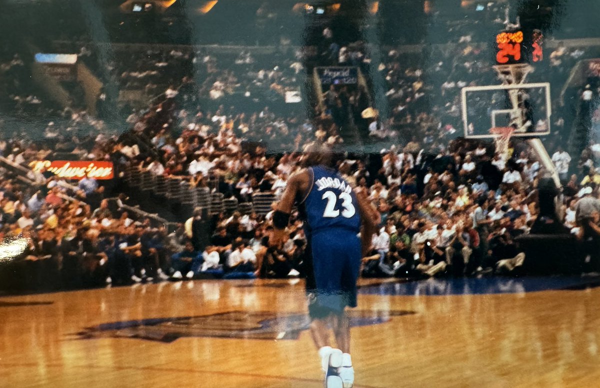 PeterJHand's tweet photo. Michael Jordan’s last game was 22 years ago today vs. the 76ers — and I recently found some old pics from that night, I was just a kid with a disposable camera and lucky seats. https://t.co/9yPhHGhJd1