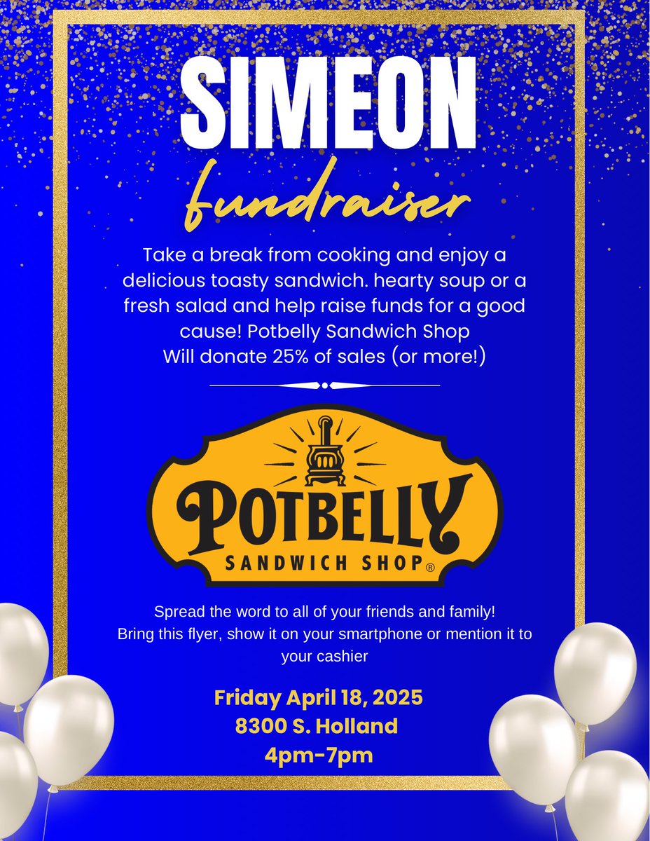 SimeonNews's tweet photo. Please join us this Friday from 4-7pm!!! Potbelly will donate 25% of all purchases when you show this flyer or your smartphone! Share this post as well!!! #simeon #simeonalumni #simeoncareeracademy #simeonwolverines #chicago https://t.co/J0m4ahxMCA