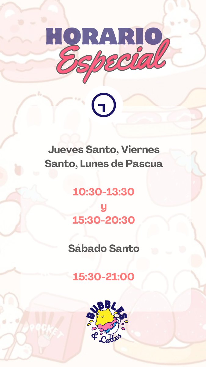 BubblesLattes's tweet photo. ⌚Nuestro HORARIO ESPECIAL para estos días:

Jueves Santo, Viernes Santo y Lunes de Pascua
10:30-13:30
y
15:30-20:30

Sábado Santo
15:30-21:00

👀¡Os esperamos! https://t.co/BLGcTJOOoD