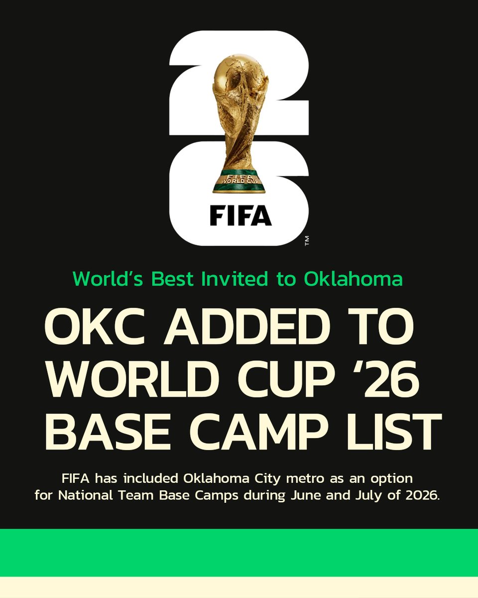 OKC for Soccer (@energyfc) on Twitter photo OKC METRO ADDED TO WORLD CUP '26 BASE CAMP LIST 🇺🇸
The world’s best international teams could be coming to Oklahoma for the 2026 FIFA Men’s World Cup
FIFA has approved OKC's pro soccer training facility & <a href="/OU_Athletics/">Oklahoma Sooners</a> complexes as eligible National Team Base Camp training OKC METRO ADDED TO WORLD CUP '26 BASE CAMP LIST 🇺🇸
The world’s best international teams could be coming to Oklahoma for the 2026 FIFA Men’s World Cup
FIFA has approved OKC's pro soccer training facility & <a href="/OU_Athletics/">Oklahoma Sooners</a> complexes as eligible National Team Base Camp training