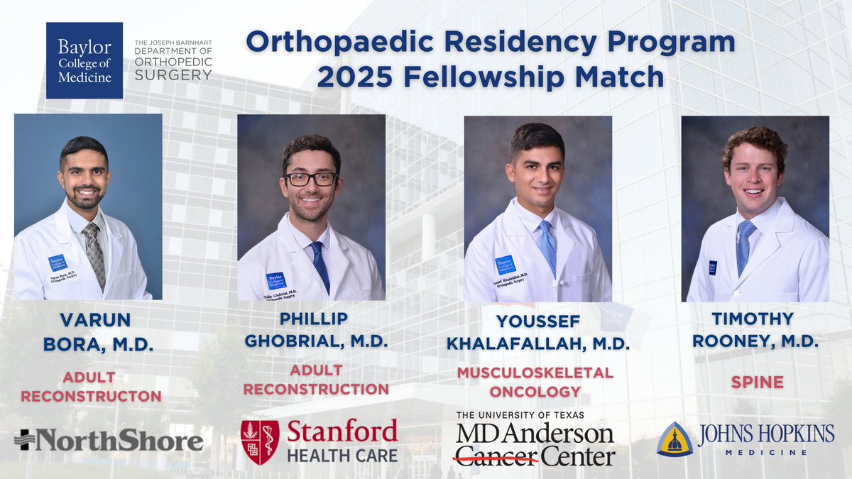 BCMOrtho's tweet image. 🎉 We are excited to announce our PGY-4's fellowship match results for 2026-2027! 🎉
A heartfelt congratulations to our resident physicians who have matched!