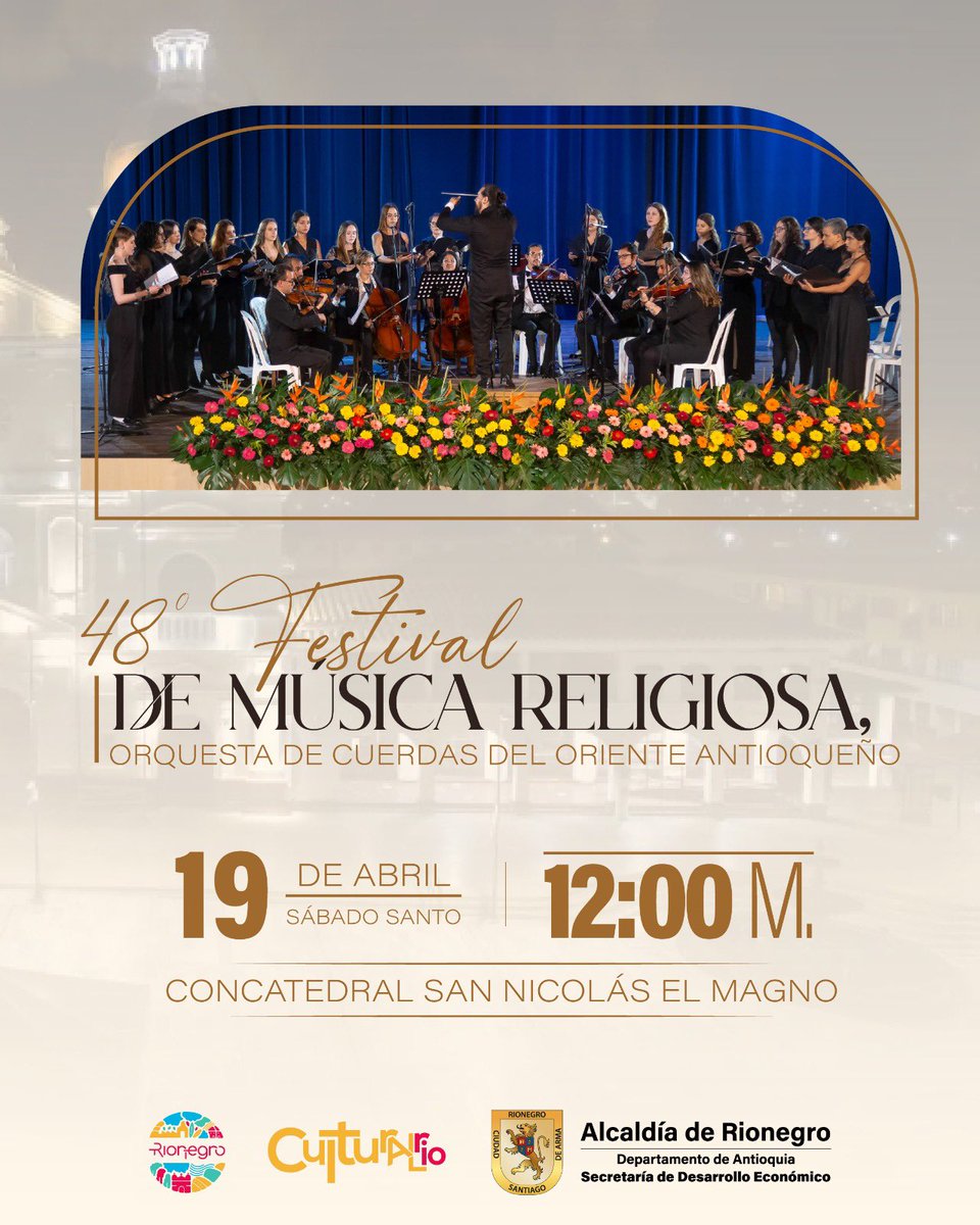 Rionegro te ofrece programación musical durante los días de Semana Santa. Te invitamos a disfrutarla con tu familia.
#DescubreElOriente
<a href="/AlcRionegro/">Alcaldía de Rionegro</a>