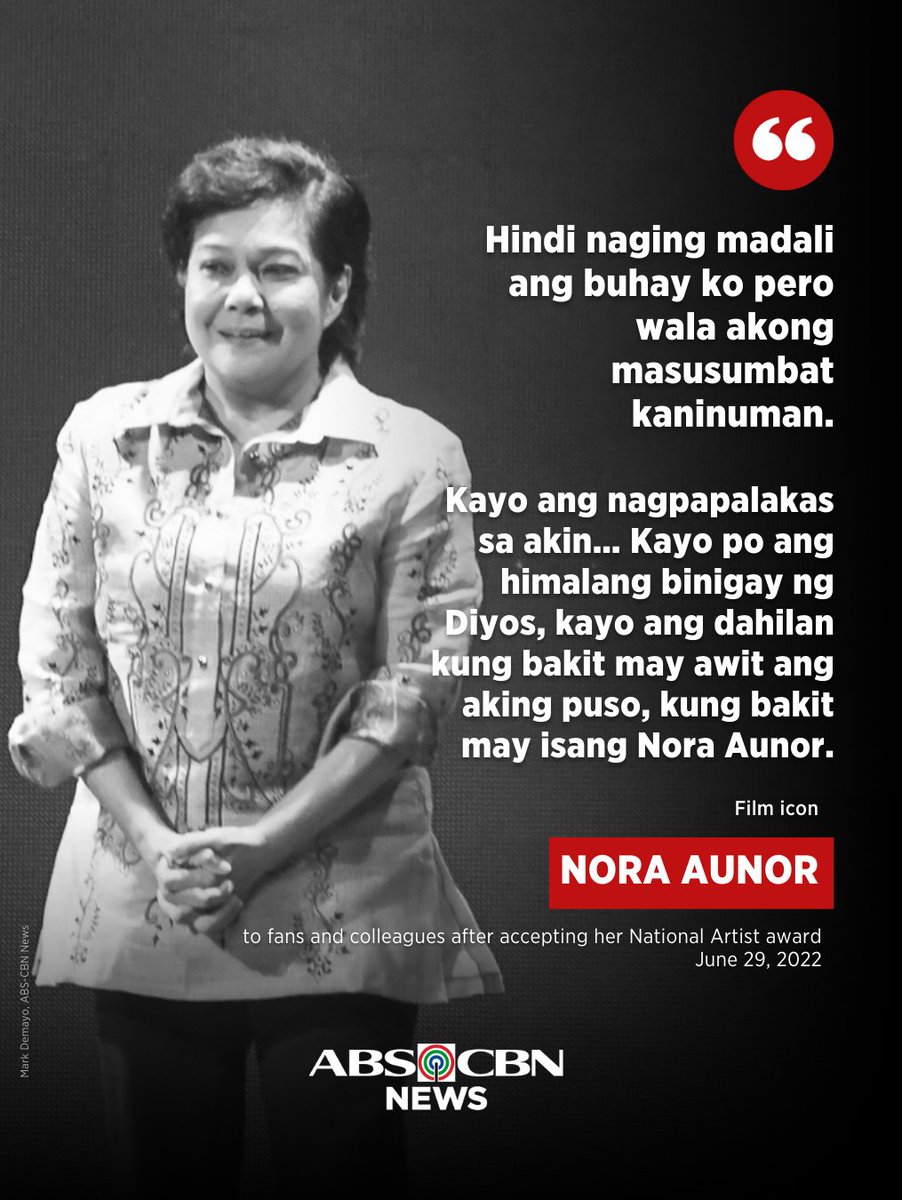 ABSCBNNews's tweet photo. REST IN PEACE, ATE GUY.

The Philippine movie industry has lost one of its pillars, Nora Aunor, who boasts an unmatched collection of works that span decades.

During the acceptance of her National Artist award in 2022, the "Superstar" dedicated the recognition to fans and colleagues.

READ: https://t.co/jdTXJGomVo