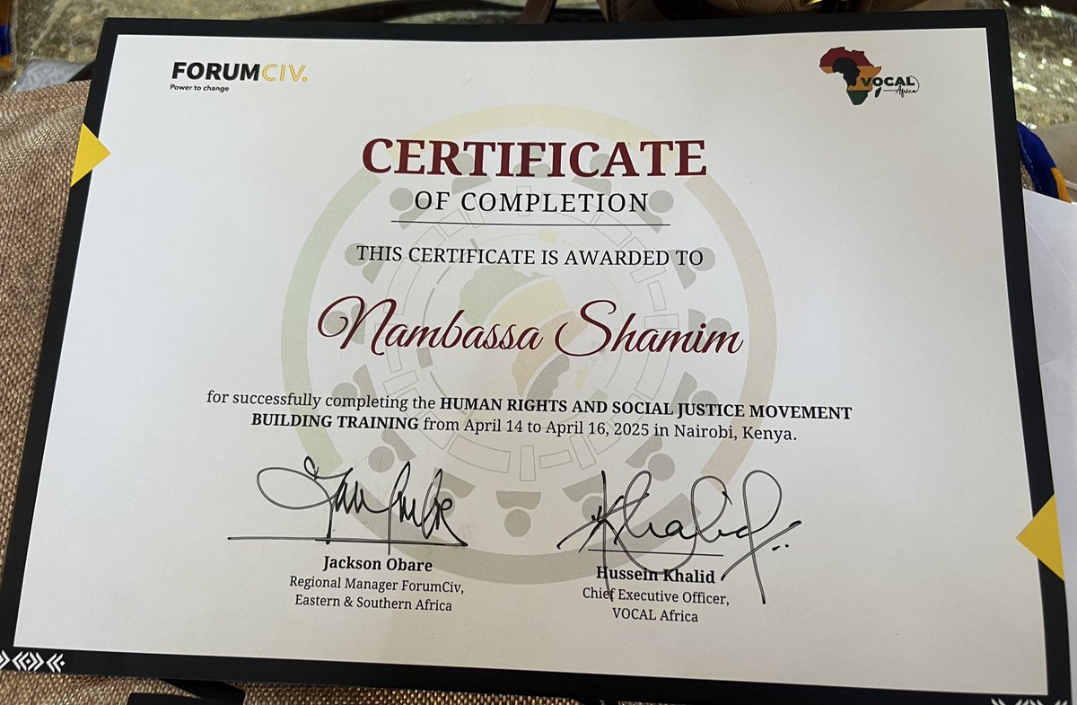 Dr. Shamim Nambassa (@shamimnambassa) on Twitter photo I have successfully completed my training on Human Rights and Social Justice movement Building.
It has been an enriching journey and special appreciation goes to <a href="/VOCALAfrica_/">VOCAL Africa</a> and <a href="/ForumCivESA/">ForumCiv ESA</a> for making this happen
Asante sana I have successfully completed my training on Human Rights and Social Justice movement Building.
It has been an enriching journey and special appreciation goes to <a href="/VOCALAfrica_/">VOCAL Africa</a> and <a href="/ForumCivESA/">ForumCiv ESA</a> for making this happen
Asante sana