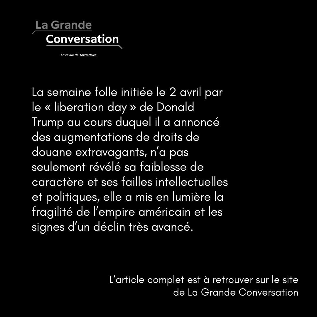 Donald Trump, en annonçant des droits de douane massifs, pensait redonner sa grandeur aux États-Unis. Il en a révélé la profonde fragilité.

👉 Retrouvez l'article de Jean-Louis Missika dans La Grande Conversation : lagrandeconversation.com/monde/la-chute…

#USA #Trump