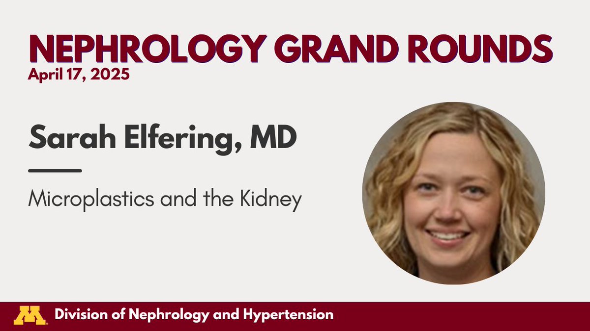Dr. Sarah Elfering will be presenting tomorrow's Nephrology Grand Rounds on "Microplastics and the Kidney."

📅 April 17, 2025
⏰ 8-9am
📍 717 Delaware, Room 105