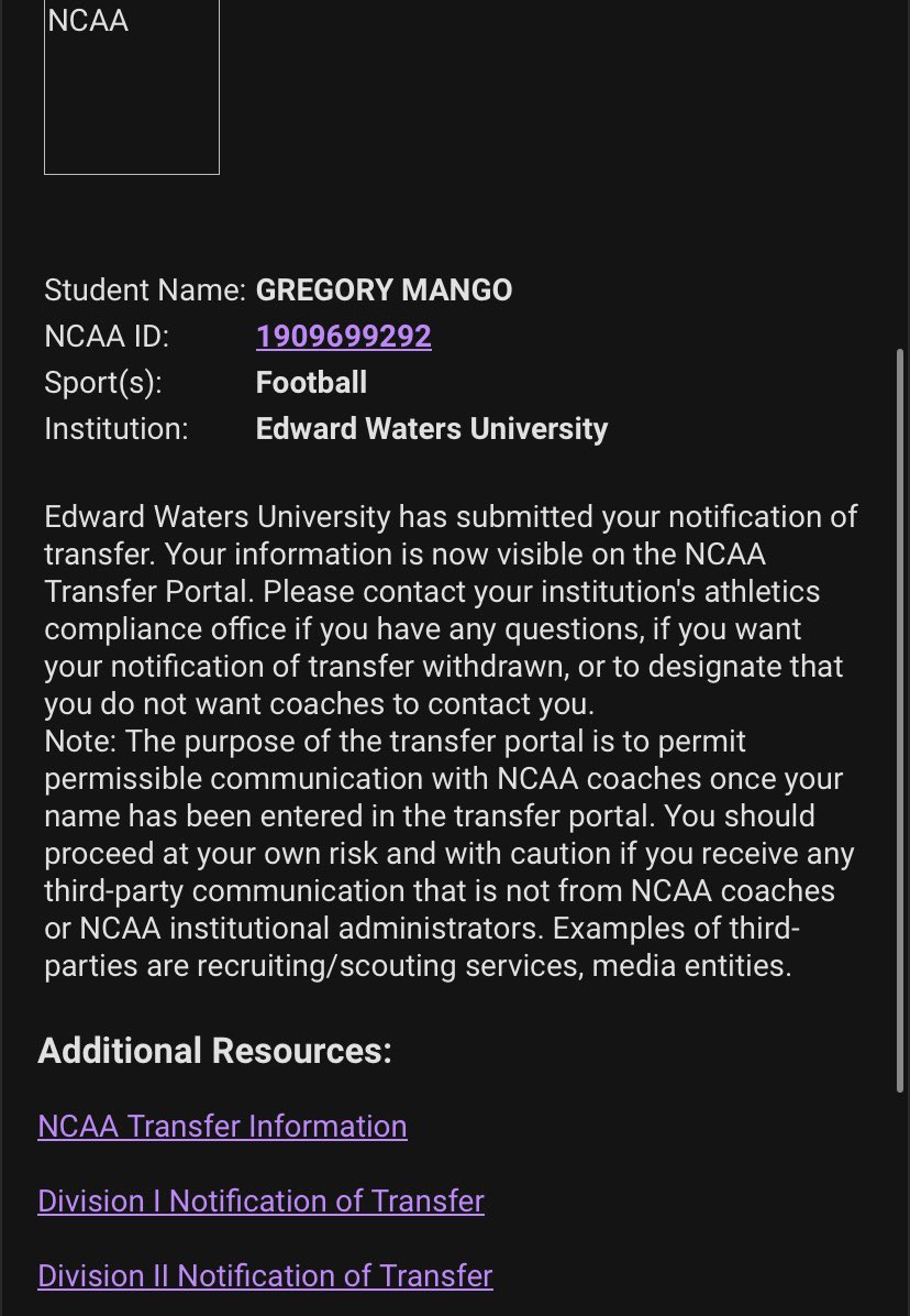 Edward Waters Running Back with 2 years of eligibility  left 
-

Phone #  386-265-3210
Email: Gregorymango021@gmail.com