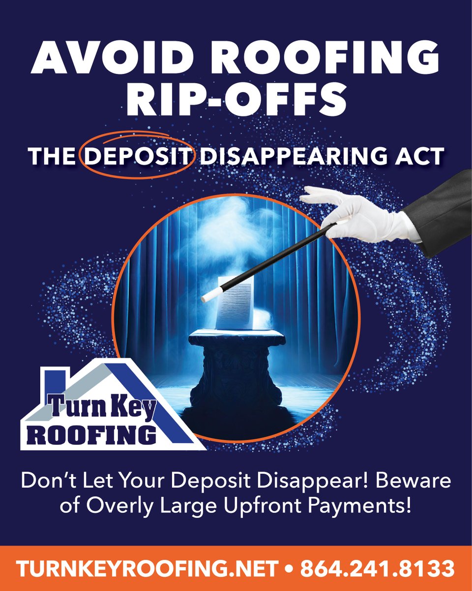 AVOID ROOFING RIP-OFFS: THE DEPOSIT DISAPPEARING ACT 🎩🏠

Don’t let your deposit vanish into thin air! Be cautious of roofers asking for large upfront payments. Choose Turn Key Roofing for reliable, honest service from start to finish! 

TurnKeyRoofing.net

#TurnKeyRoofing