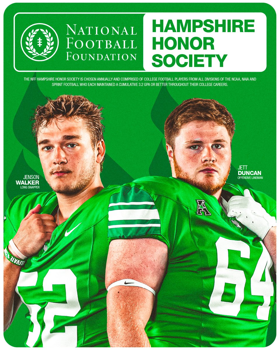UNT Football (@meangreenfb) on Twitter photo Congrats to our guys <a href="/JettRDuncan/">Jett Duncan</a> and <a href="/jensonwalker/">Jenson Walker</a> on being named to the 2025 <a href="/NFFNetwork/">National Football Foundation</a> Hampshire Honor Society!
#GMG🦅 Congrats to our guys <a href="/JettRDuncan/">Jett Duncan</a> and <a href="/jensonwalker/">Jenson Walker</a> on being named to the 2025 <a href="/NFFNetwork/">National Football Foundation</a> Hampshire Honor Society!
#GMG🦅