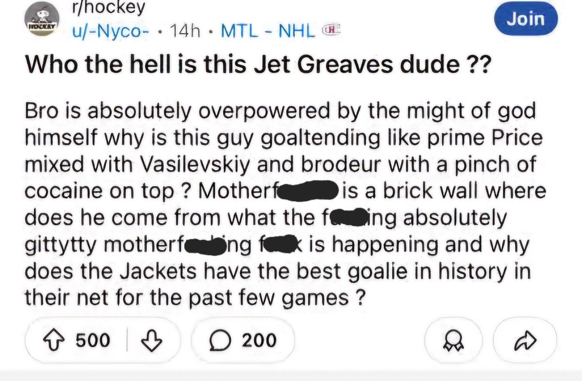 This post about Jet Greaves has me in tears. My abs hurt from laughter. 🤣😂

#cbj #fearthedepths