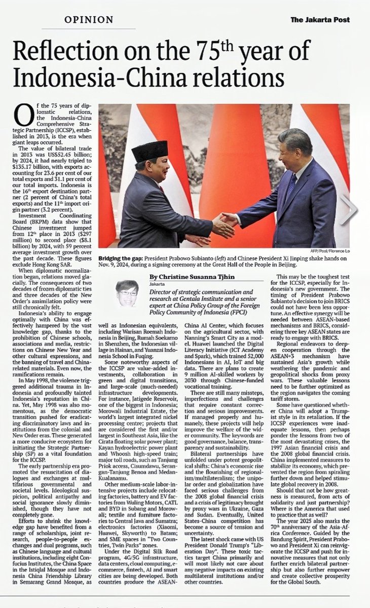 cataya's tweet photo. My tiny piece of reflection in the Jakarta Post today on the 75 years of #Indonesia #ChinaTravel Relations 
🇮🇩🇨🇳💐🫰🏼
https://t.co/6tmAr7OYZ0

#Geopolitics #ASEAN #SoutheastAsia #Prabowo #TradeWar #BRICS #BeltandRoad
#uschinatrade #TariffWar #TrumpTariffs #XiJinping https://t.co/lLfCCwZbRY