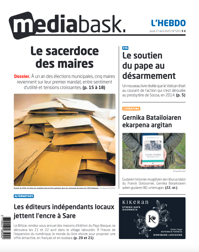 Une de MEDIABASK l'HEBDO ce jeudi ⤵️
👉 [DOSSIER] À un an des élections municipales, cinq maires témoignent
👉 Le pape a suivi de près la remise des armes d'ETA dès 2014
👉 Gernika Batailoiak duela 80 urte bultzatutako guda
👉 Les éditeurs indépendants en force au Biltzar de Sare