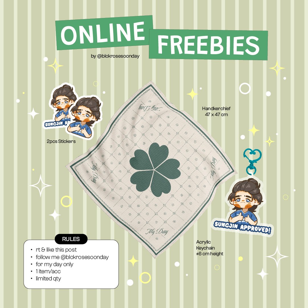 blckrosesoonday's tweet photo. 🍀Day6 Freebies FY add show Jakarta 🍀
‼️VERY LIMITED QUANTITY ‼️

Freebies online only for My Day
🍀 Handkerchief My Day
🍀 Acrylic keychain Sungjin approved
 (6 x 6cm)
🍀 Sticker (6cm)

Fanart by @jengsix 
Design by @chungicung

• rt &amp; like this post
• 1 item/acc https://t.co/mUJG3vyE1S