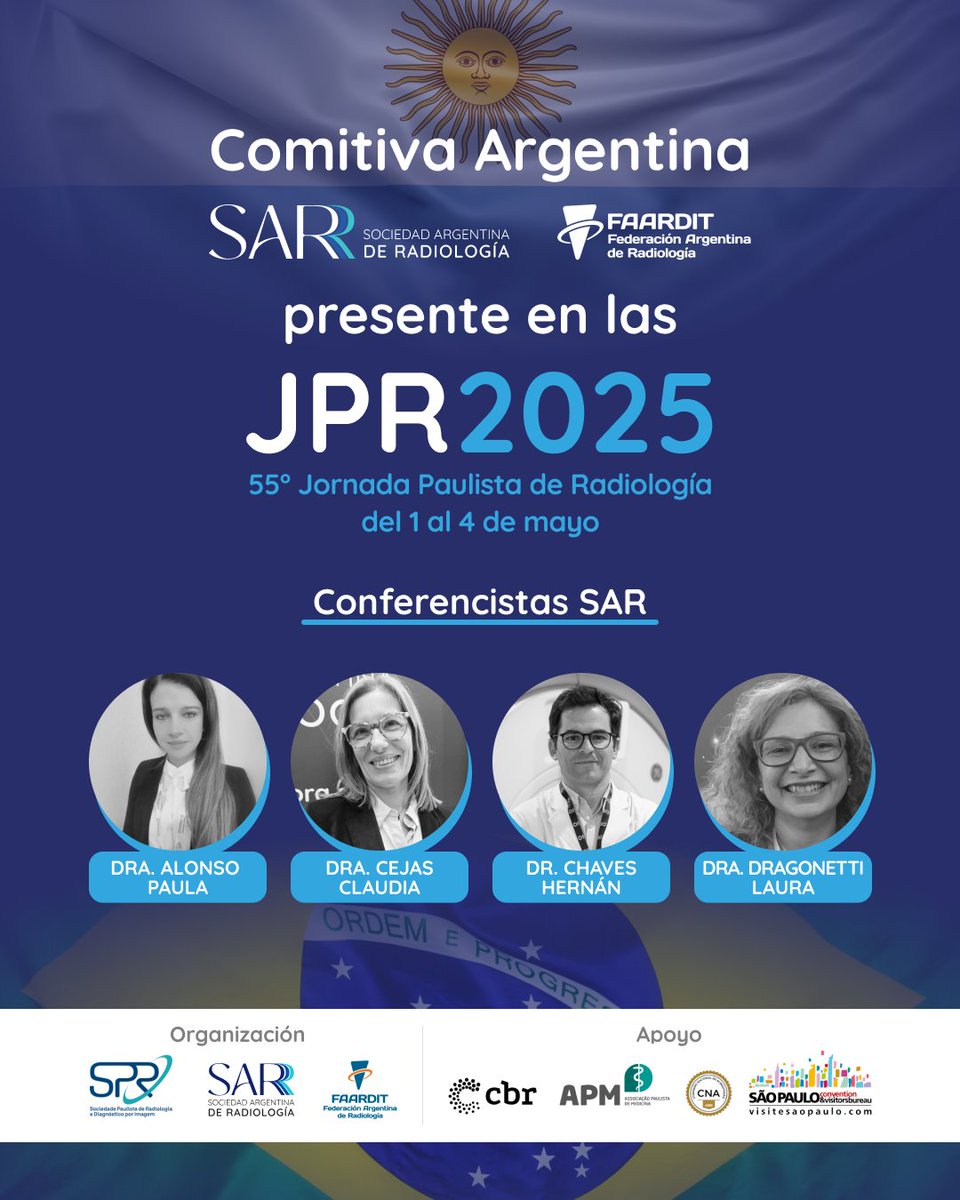 SocArgRad's tweet photo. 🇦🇷 🇧🇷 ¡Ya llega, inscribite en la JPR 2025!

La 55ª Jornada Paulista de Radiología celebra la amistad entre Brasil y Argentina, y toda su tradición en radiología. Por eso, es organizada en conjunto por la @spradiologia @FAARDIT y SAR 

Sigue 👇 https://t.co/FGsqchp57z
