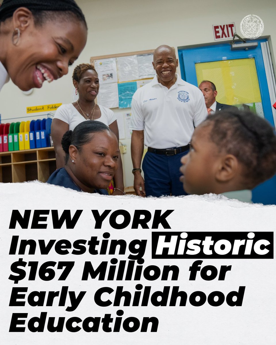 NYCMayor's tweet photo. We've been committed to early childhood education since day one, and I'm proud to announce $167 million in permanent funding for 3K seats and pre-K seats for students with disabilities.

Thanks to this permanent funding, families will be able to rely on these programs and give their kids the best start possible in life.