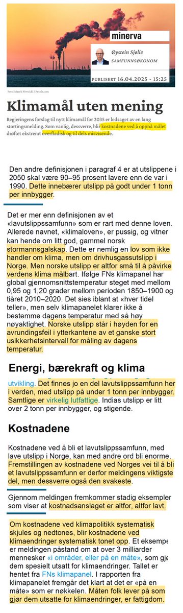 Igjen skriver <a href="/Anduril100/">Øystein Sjølie</a> knakende godt - hadde bare vår klimaminister <a href="/BjellandEriksen/">Andreas Bjelland Eriksen</a> fått med seg halvdelen av denne kunnskapen! 
#KlimalovenMåBort CC:<a href="/mpenergi/">Morten Pedersen</a> 
minerva.no/klima-norge-re…