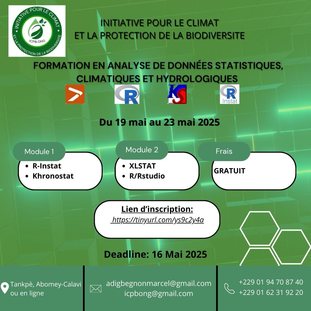 Icpbong's tweet photo. L’ICPB-ONG organise une formation sur l’analyse des données climatiques, hydrologiques et statistiques, destinée aux étudiants, chercheurs, techniciens et professionnels de l’environnement.
Inscription : https://t.co/J174Cj119q
Date limite : 16 mai 2025 https://t.co/pGF5lGkfZi