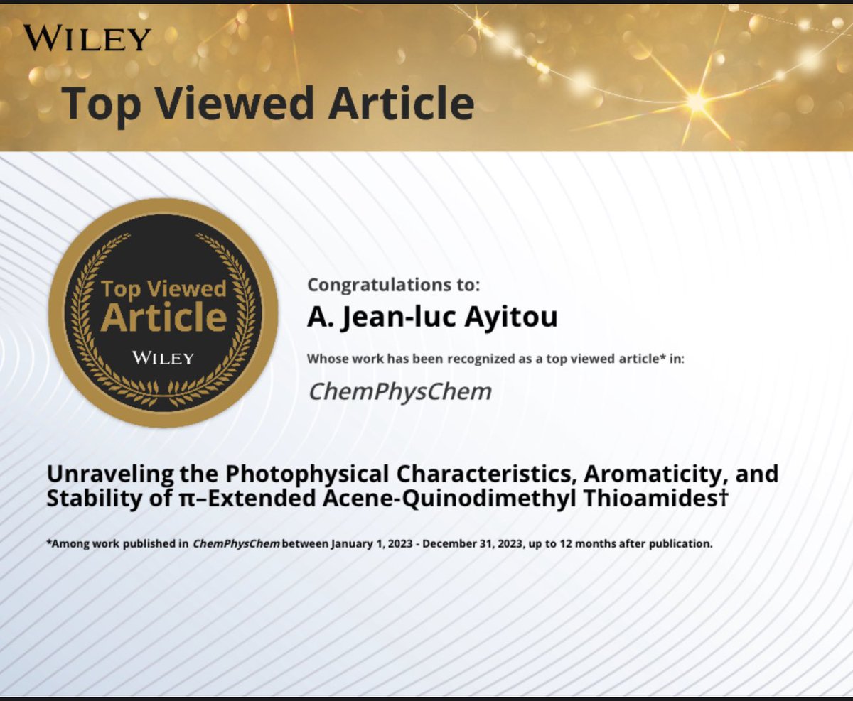 AyitouLab's tweet photo. Glad to see that the community likes our work on aromaticity and photophysics of acene-quinodimethyl thioamides! Congrats to former student Dr. Guang Yang! https://t.co/pWl3B9Pyei