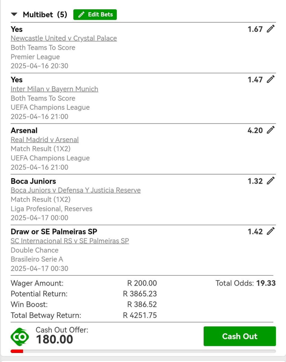 Arsenal beat real madrid 3-0 last week.
Today arsenal odds on 4.20😌
Yet real madrid let teams down last 5 games😅

Ya neh, theres one for you after a long time💚🙌🏻

X973695C2