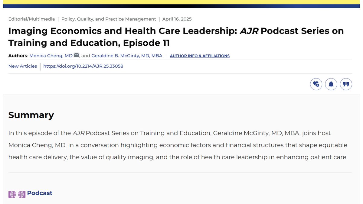 Andrew Rosenkrantz (@arosenkrantzmd) on Twitter photo New <a href="/AJR_Radiology/">AJR</a>:
"Imaging Economics and Health Care Leadership: AJR Podcast Series on Training and Education, Episode 11"
By Drs <a href="/MonicaCheng_/">Monica Cheng, MD</a> & McGinty <a href="/MGHImaging/">Mass General Imaging</a> <a href="/WCMRadiology/">Weill Cornell Medicine Radiology</a>
ajronline.org/doi/10.2214/AJ⦠New <a href="/AJR_Radiology/">AJR</a>:
"Imaging Economics and Health Care Leadership: AJR Podcast Series on Training and Education, Episode 11"
By Drs <a href="/MonicaCheng_/">Monica Cheng, MD</a> & McGinty <a href="/MGHImaging/">Mass General Imaging</a> <a href="/WCMRadiology/">Weill Cornell Medicine Radiology</a>
ajronline.org/doi/10.2214/AJā¦