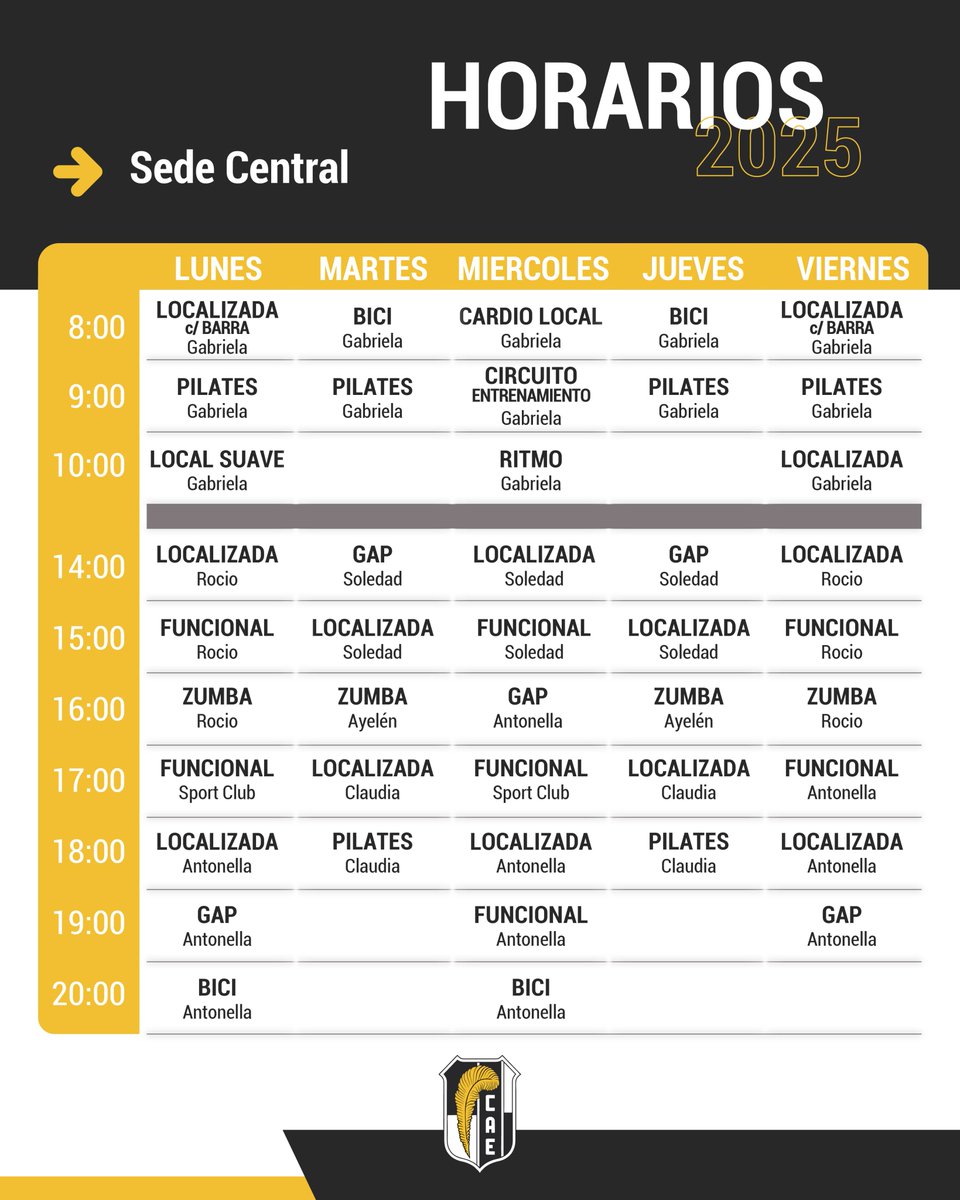 CAE Gym | Nuevos horarios
Sumamos nuevas propuestas al gimnasio de actividades aeróbicas.

Te esperamos en la Sede Central.
Nos vemos en el Club 💪🏴🏳️

#deporte #bienestar #ejercicio