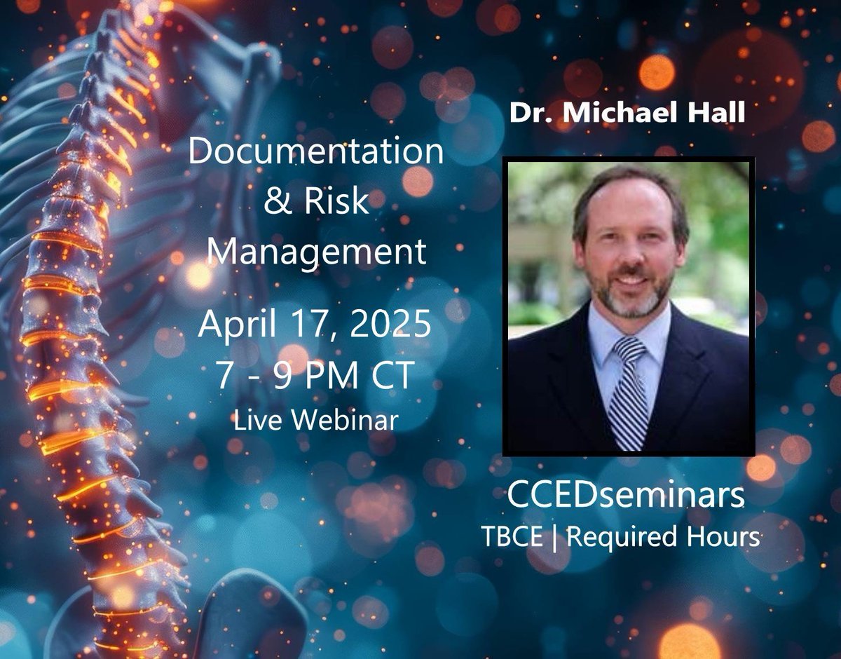drhorne1's tweet photo. 🧾 Texas Chiropractors—TBCE Required Hours?

Earn 2 CE Hours (TBCE Required) in our LIVE Webinar
📅 May 15 | 🕖 7–9 PM CT
🎓 Instructor: Dr. Michael Hall, DC, FIACN
💻 100% Online | Replay included
🔗 Register now → https://t.co/xBwP4ooZ4T
#ChiropracticCE #RiskManagement #TBCE https://t.co/Y5ESyhGSOU