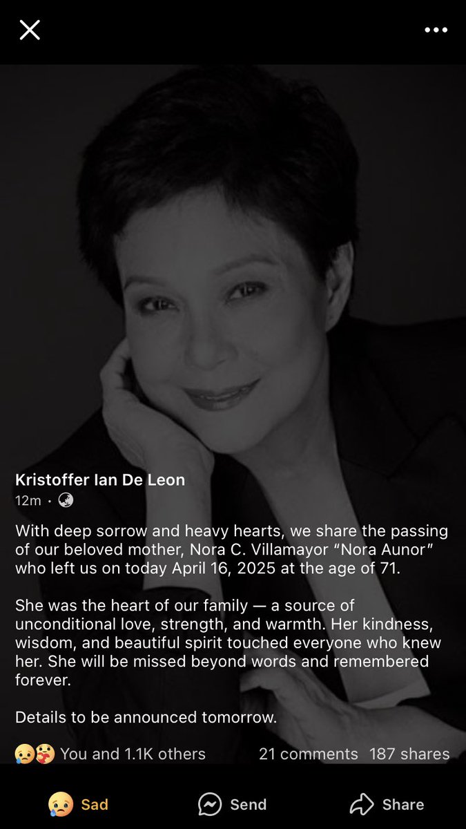 Rest in Peace, National Artist of the Philippines for Film and Broadcast Arts and Superstar Nora Aunor. 🤍🕊

Screenshot | Kristoffer Ian De Leon Official