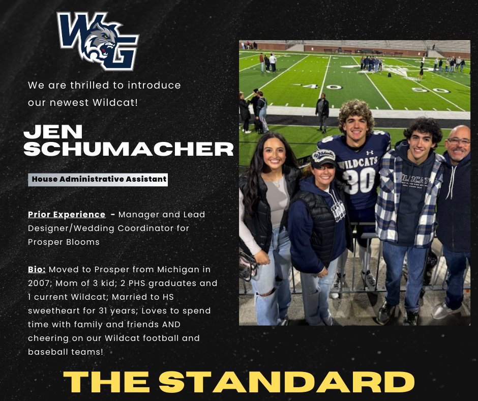 We would also like to welcome Mrs. Jen Schumacher to our Wildcat staff family!  Mrs. Schumacher is also a PROUD Wildcat mom and we are thrilled to have her at WGHS helping serve our students and staff next year!  #TheStandard <a href="/ProsperISD/">Prosper ISD</a> <a href="/TothDustin/">Dustin Toth</a>