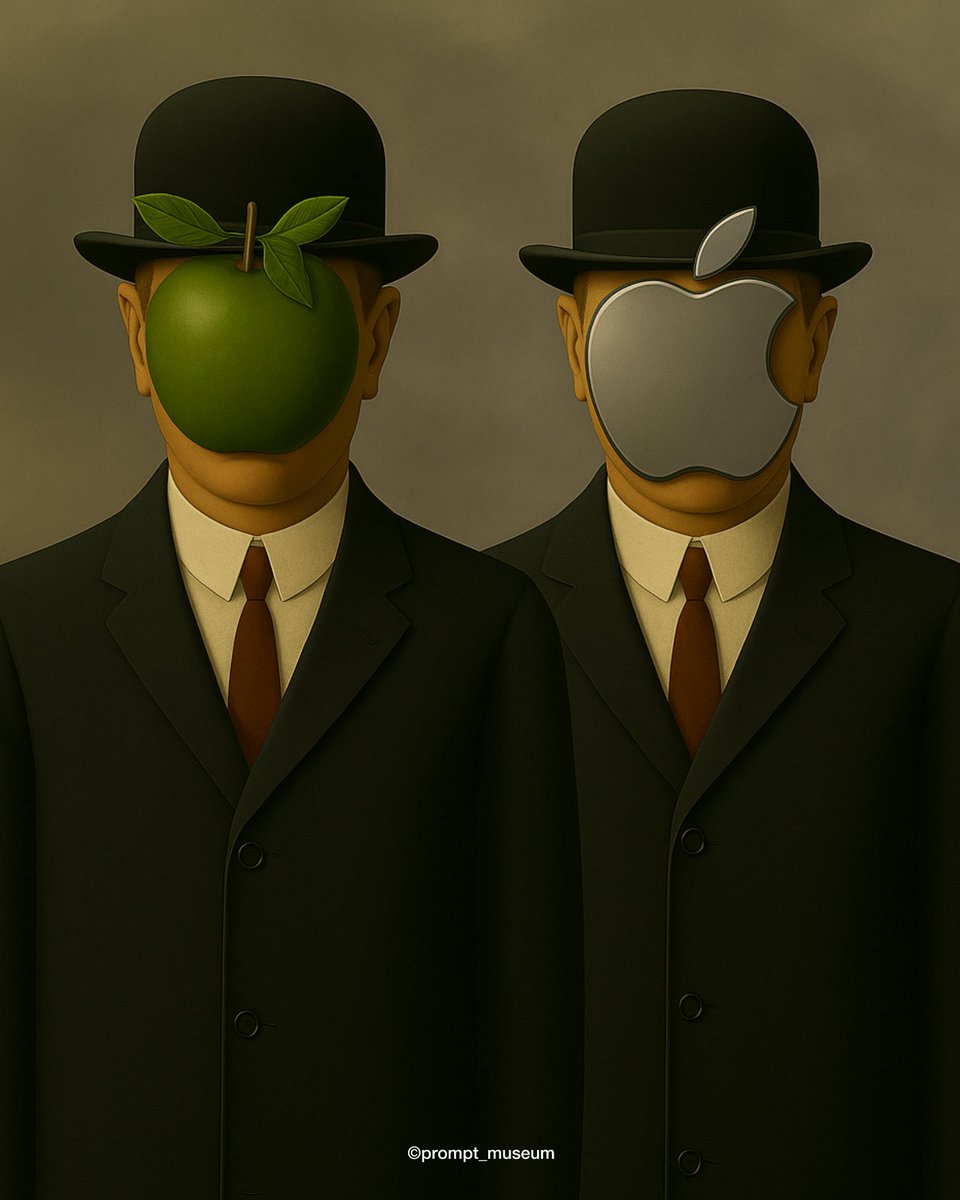 prompt_museum's tweet photo. From apple to Apple©.
@prompt_museum

#MagritteInspired #SurrealArt #DigitalSurrealism #AppleArt #ThinkDifferent #AIGeneratedArt #AIVisuals #GenerativeArt #ArtAndTechnology #FromAppleToApple #Magritte #SoraArt #Sora https://t.co/Y2PEtGAtFA