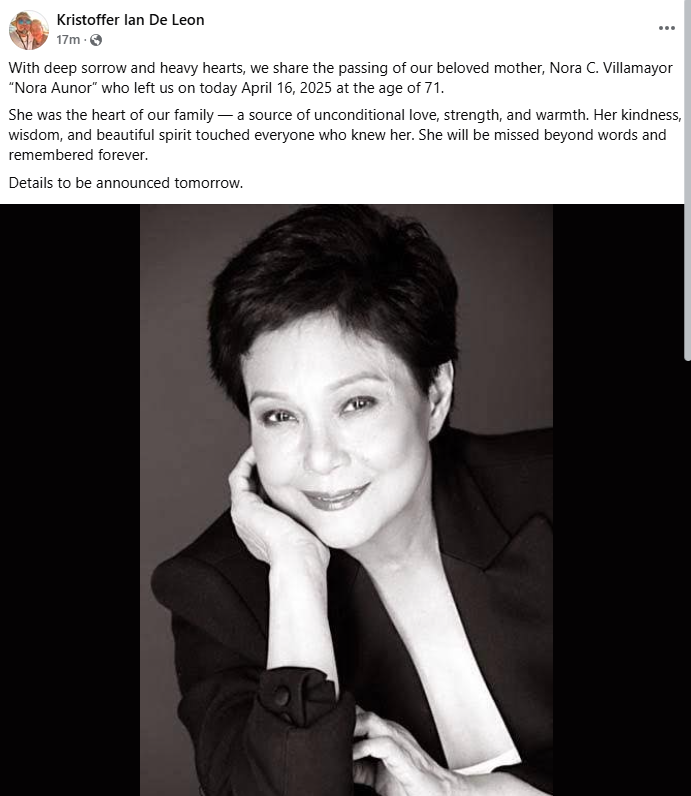 dzrhnews's tweet photo. REST IN PEACE, ATE GUY 🕊️

National Artist at 'Superstar' Nora Aunor, pumanaw na sa edad na 71.

Kinumpirma ito ng kanyang anak na si Ian De Leon sa isang Facebook post. | DZRH News

📷: Screenshot from Kristoffer Ian De Leon's FB https://t.co/YRZIPeVYIW