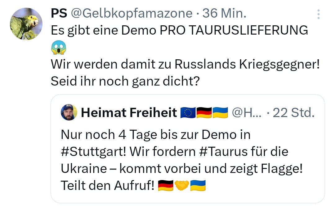 HeimatFreiheit's tweet photo. In 3 Tagen ist es so weit: Die Pro-#Taurus-Lieferung-Demo in #Stuttgart steht an. Wenn ihr auch noch ganz dicht seid – kommt zahlreich und zeigt Haltung. Teilt den Aufruf!
🗓 19.04.2025
📍 Lautenschlagerstr. 25, 12:00 Uhr
📍 Rotebühlplatz, 12:40 Uhr https://t.co/WB6SroEkgo