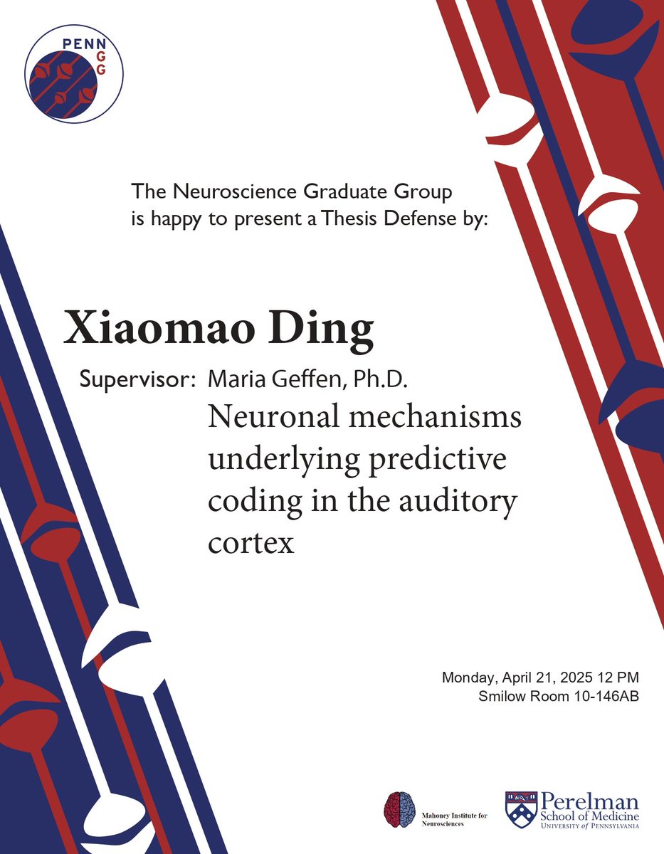 PennNGG's tweet image. #NGG is proud to present our next Thesis Defense given by Xiaomao Ding of the Geffen Lab @neimarkgeffen ! Please join us in person or virtually (DM us for the link) on 4/21. Best of luck, Xiaomao! #PhAlmostDone 🥳