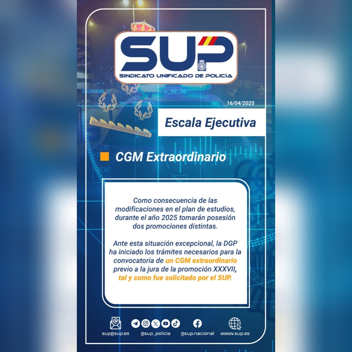 En 2025 tras la modificación del Plan de Estudios tomarán posesión 2 promociones distintas de #EscalaEjecutiva
La DGP inicia los trámites para la convocatoria #CGMextraordinario previo a la jura de la #PromociónXXXVII de #Inspectores tal y como solicitamos desde <a href="/Sup_Policia/">SUP</a>