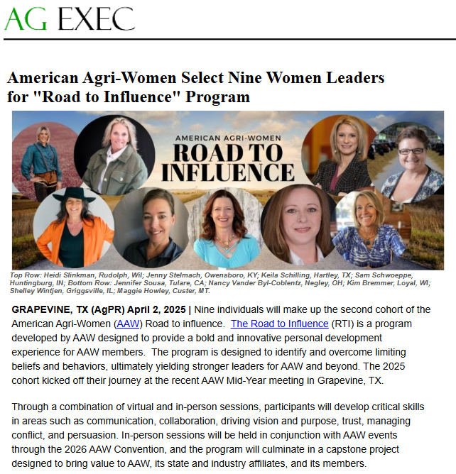 AgEXEC (@agexec) on Twitter photo American Agri-Women Select Nine Women Leaders for "Road to Influence" Program. agnewscenter.com/archives.cfm?n… <a href="/Women4Ag/">American Agri-Women</a> #Women4Ag #WomenInAg #AgLeadership #AmericanAgriWomen #WomenInLeadership #FarmHer #RanchHer #GrowHer #ProduceHer American Agri-Women Select Nine Women Leaders for "Road to Influence" Program. agnewscenter.com/archives.cfm?n… <a href="/Women4Ag/">American Agri-Women</a> #Women4Ag #WomenInAg #AgLeadership #AmericanAgriWomen #WomenInLeadership #FarmHer #RanchHer #GrowHer #ProduceHer